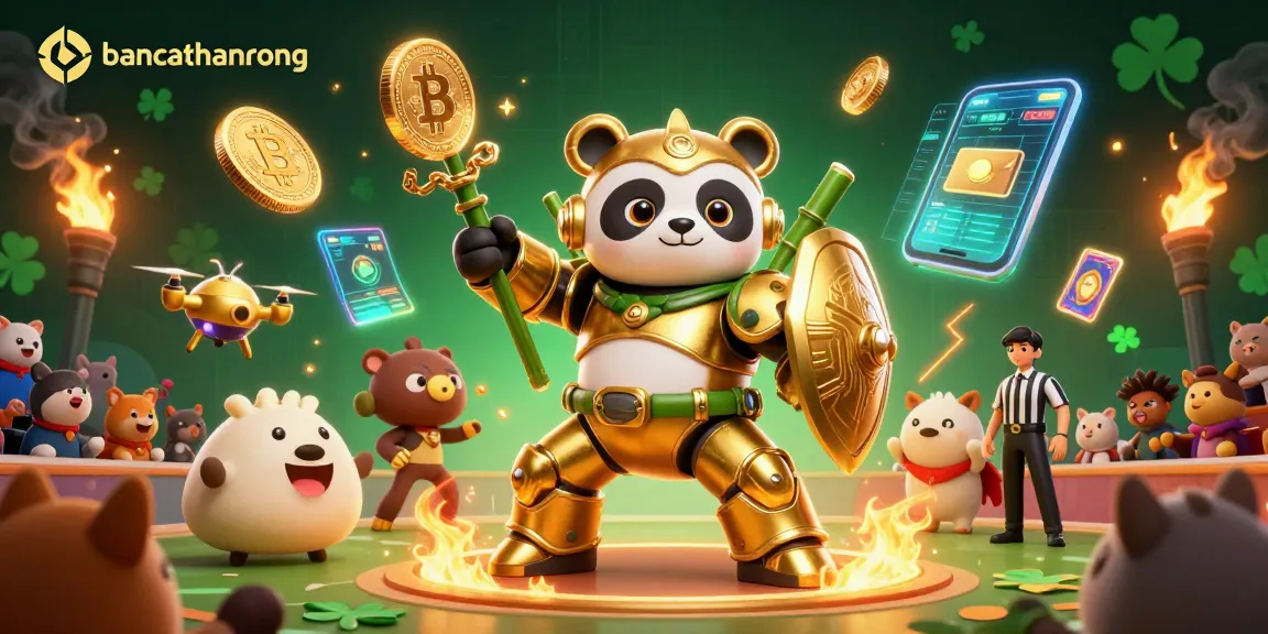 bancathanrong showcases immersive gaming with a golden panda battling in a vibrant crypto-themed arena.