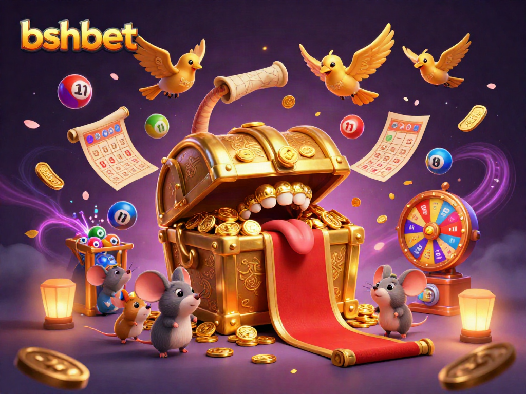 Bshbet's thrilling lottery scene captivates with animated golden treasure chests and vibrant game elements.