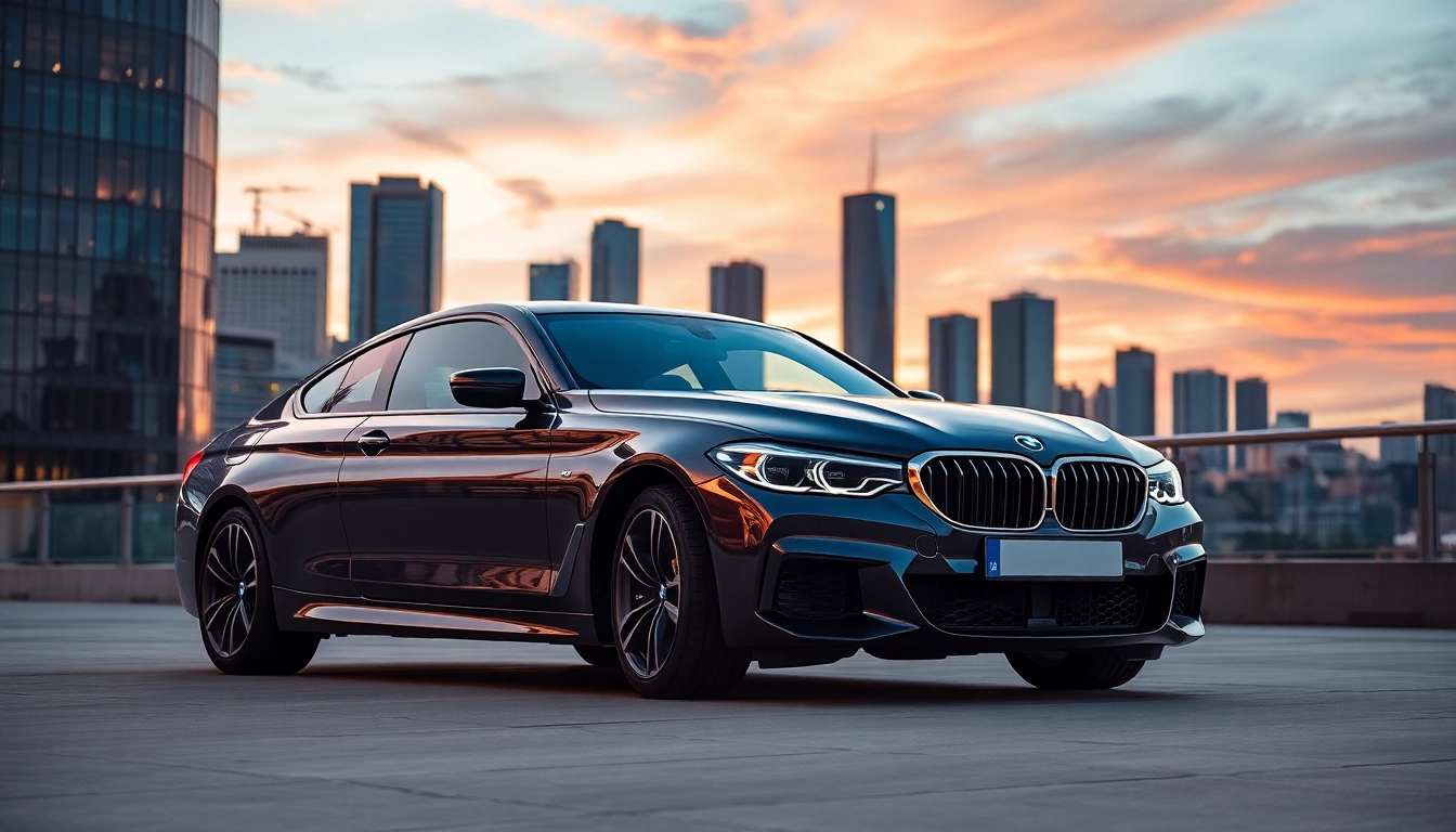 Showcasing a Luxury BMW car in an upscale setting with a vibrant skyline backdrop.