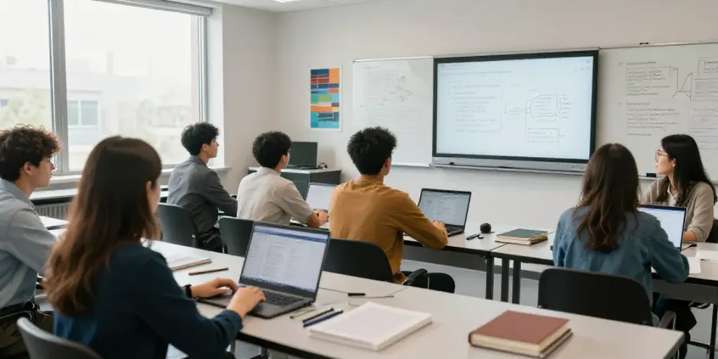 Students utilizing online AI lecture transcription tools in a modern classroom setting.