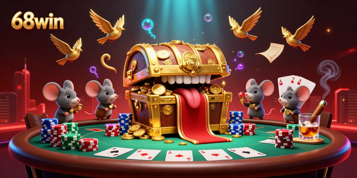 Experience thrilling adventures with 68win's golden treasure and poker excitement in this vibrant scene.