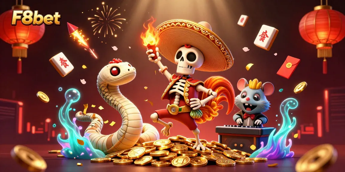 F8bet offers exciting casino entertainment with engaging characters over golden coins.