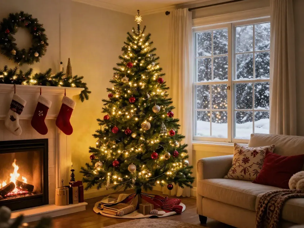 Pencil Christmas tree adorned with lights and ornaments in a cozy living room setting during the holiday season.
