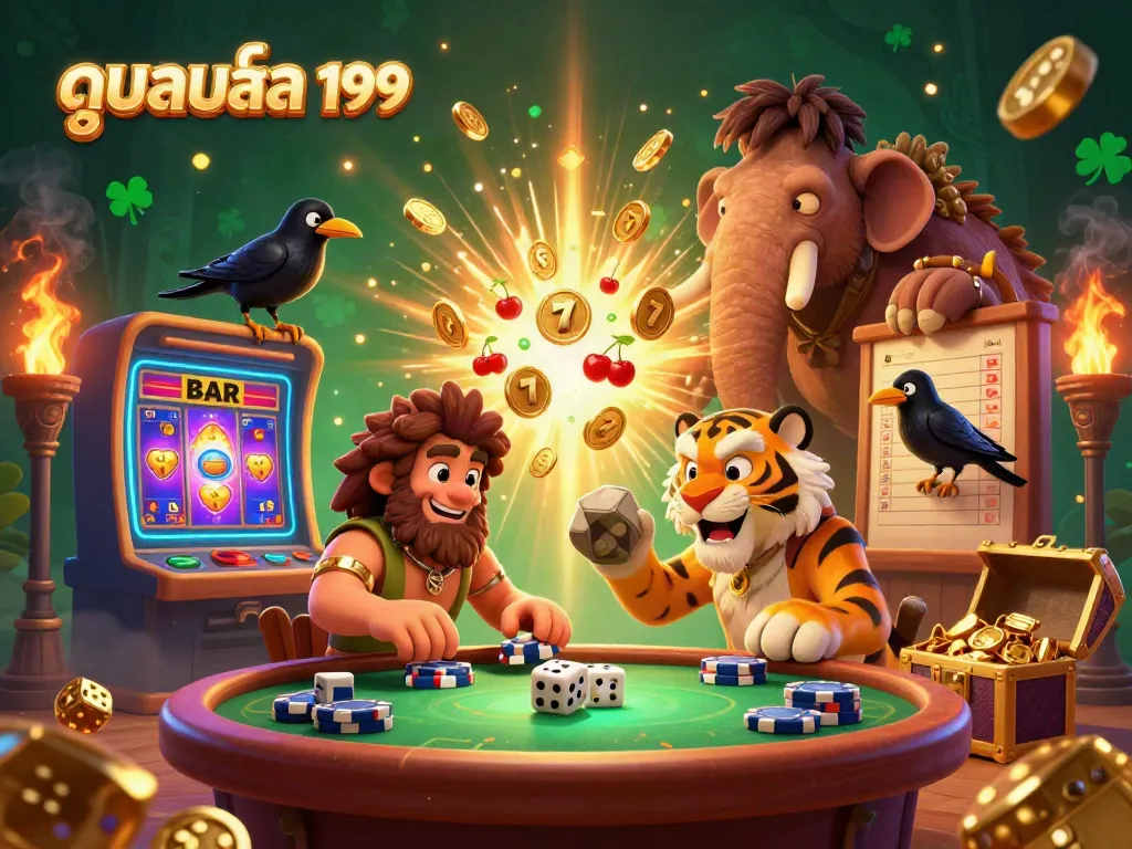Experience thrilling slots and games with ดูบอลสด 199 in a vibrant 3D casino illustration.
