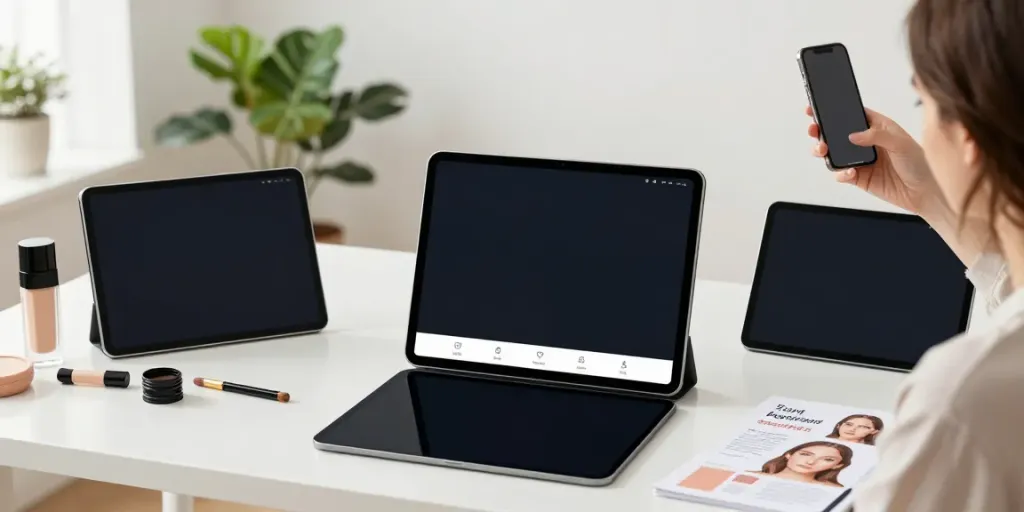 Exploring alternatives to QOVES with beauty analysis apps on a modern desk.