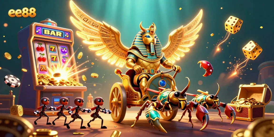 Experience thrilling wins at ee88 with a colossal golden scarab beetle directing a vibrant slot machine explosion.