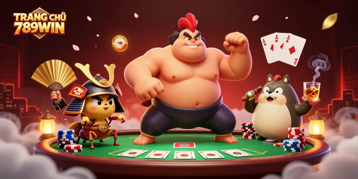 Join the action at TRANG CHỦ 789WIN with a colossal sumo in battle and vibrant casino elements.