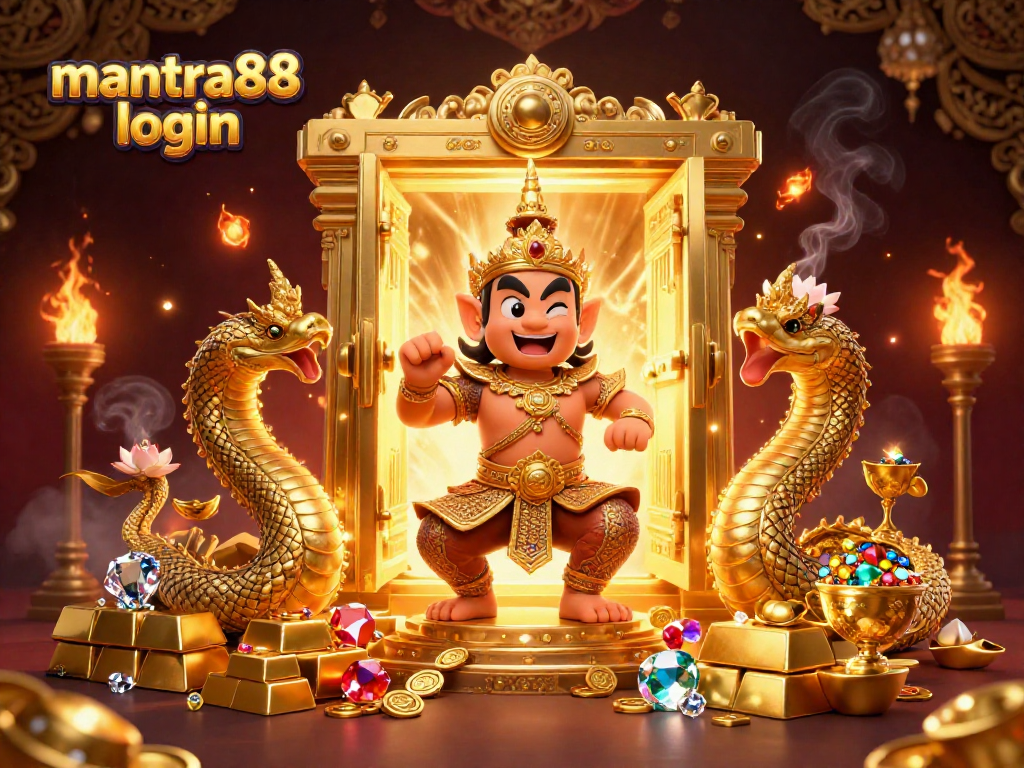 Engage with the mantra88 login scene featuring golden coins, treasure, and vibrant casino elements.