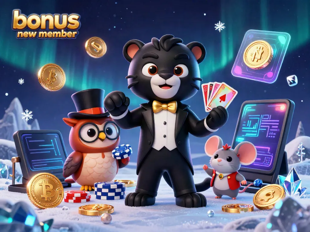 Engaging scene showcasing the bonus new member promotion featuring a stylish panther, owl, and mouse with vibrant gambling elements.