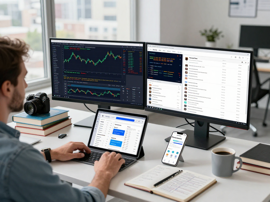 使用TradingView官网的多显示器交易工作区，显示股票和加密货币图表。