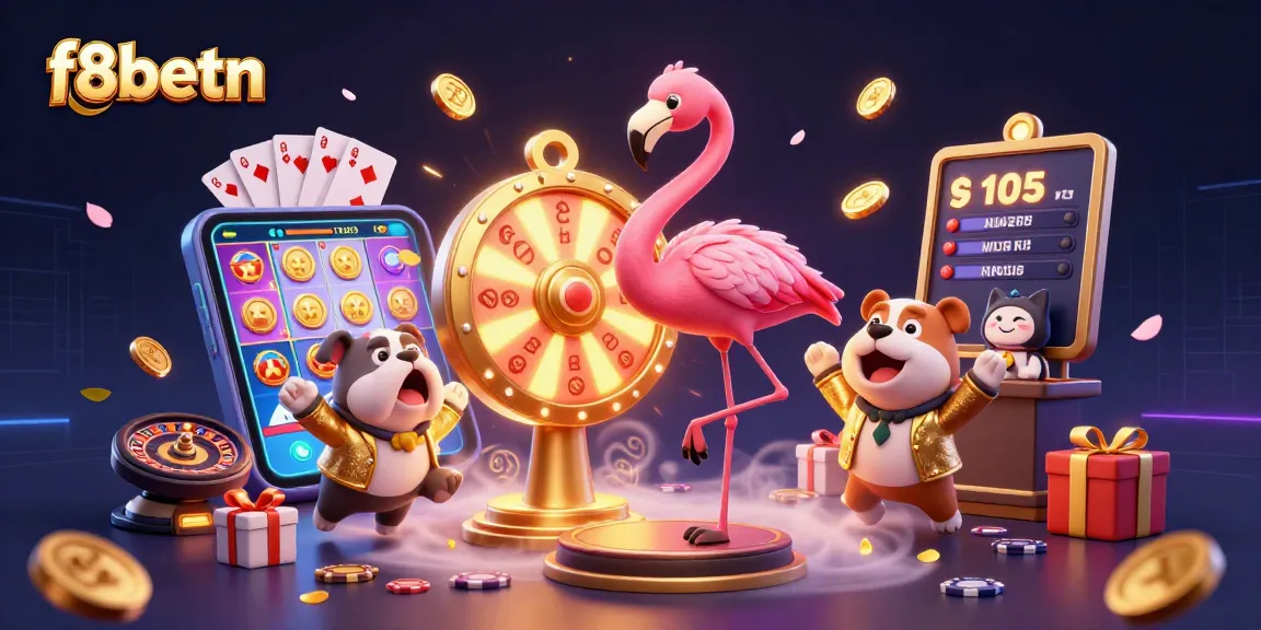 Engaging scene of f8betn's 3D cartoon characters celebrating casino excitement with vibrant slot games and prizes.