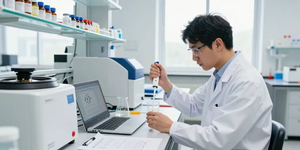 Scientist measuring peptide compounds in a modern lab showcasing SwissChems innovation.