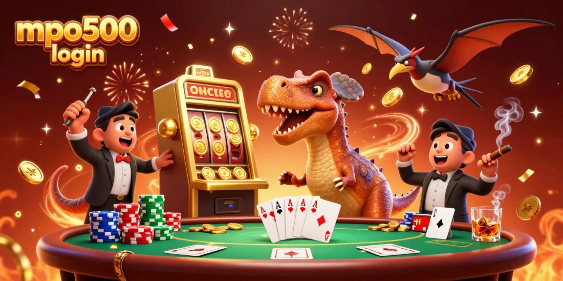 Experience the thrill of mpo500 login with a pachycephalosaurus and golden slot machine in this vibrant casino scene.