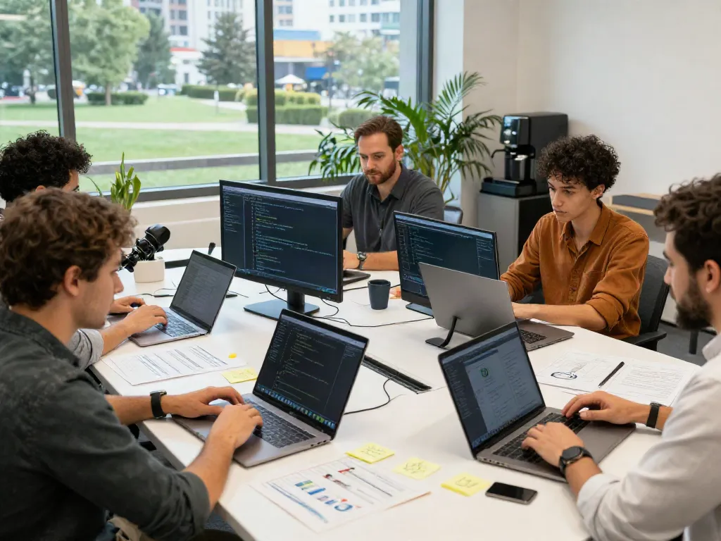 Collaboration in a tech workspace showcasing collaboration and coding.