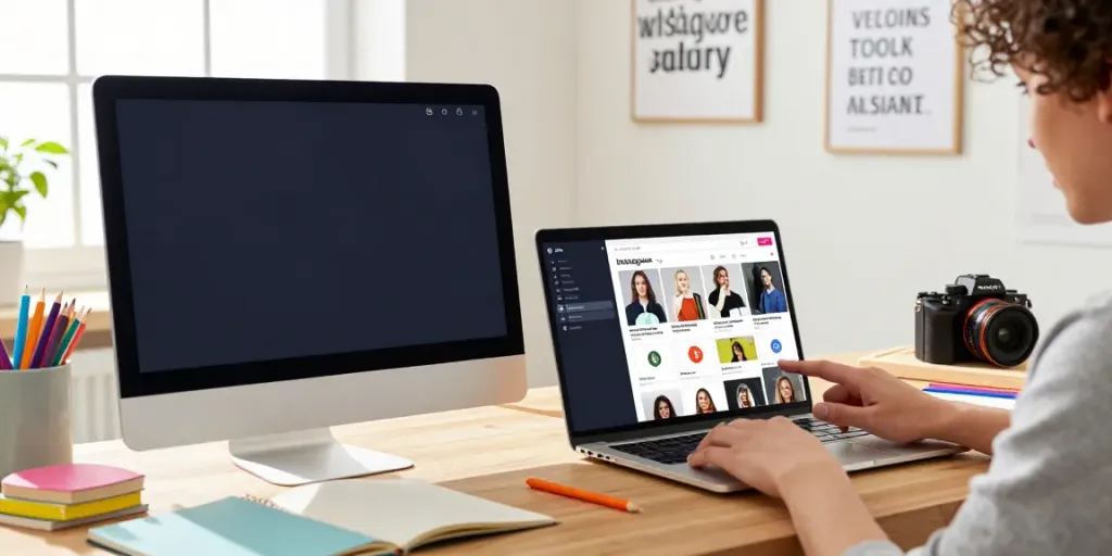 Engaging workspace exploring Insanony for Instagram story viewing, featuring a laptop and natural light.