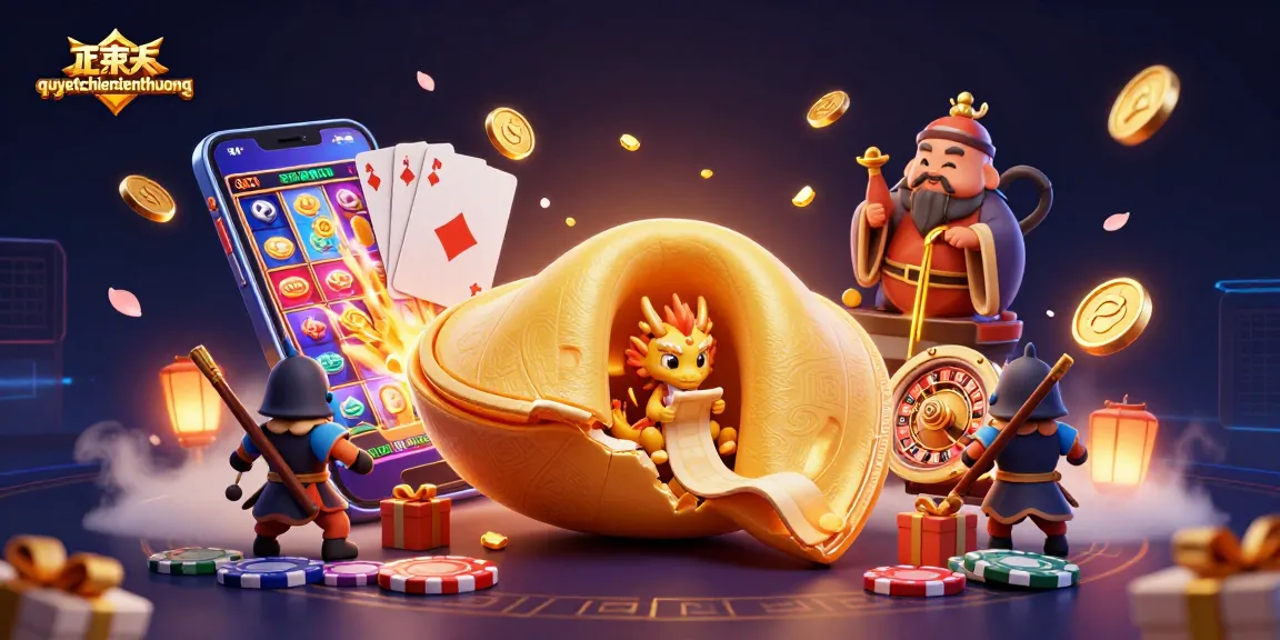 Experience thrilling gameplay in quyetchientienthuong with a dynamic scene featuring a golden fortune cookie and gaming elements.