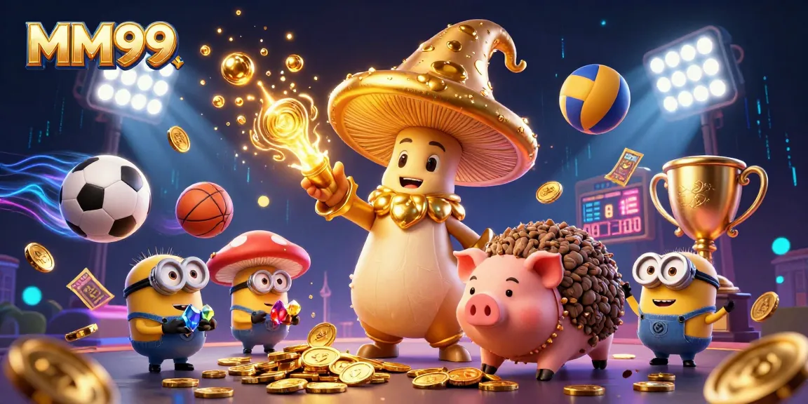 Experience winning strategies at MM99 with a vibrant 3D depiction of casino games and treasures.