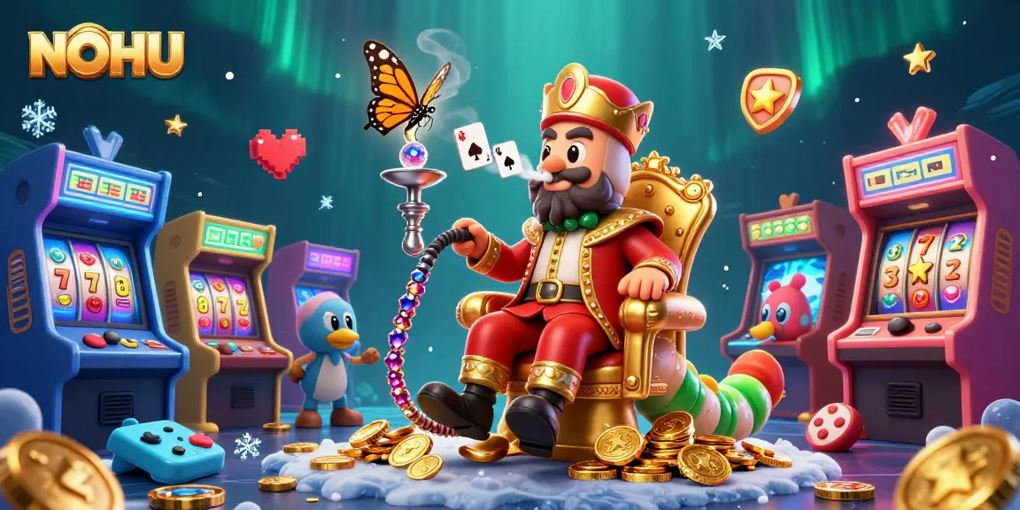 Engage with NOHU's vibrant casino world, featuring a caterpillar hookah-master and colorful game elements.