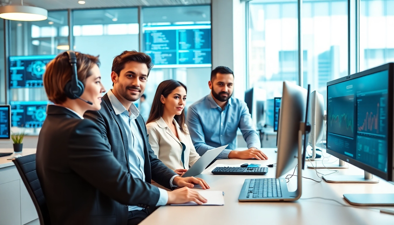 Team of IT support specialists discussing managed IT services London solutions in a modern office.