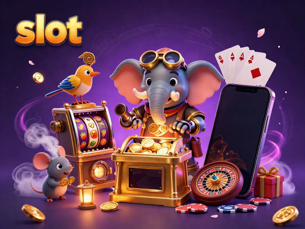 Mesin slot berkilau ditemani seekor gajah steampunk kartun dengan lengan mekanis.