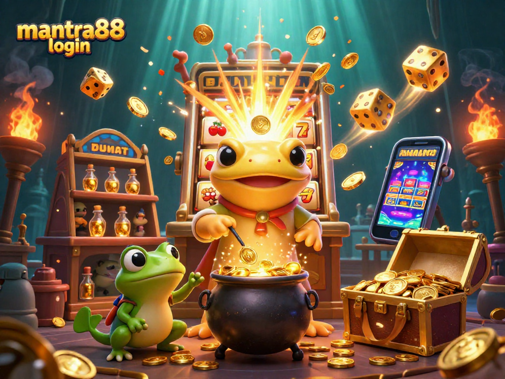 Enjoy a thrilling mantra88 login experience as gold coins and gaming symbols explode in this vibrant casino scene.