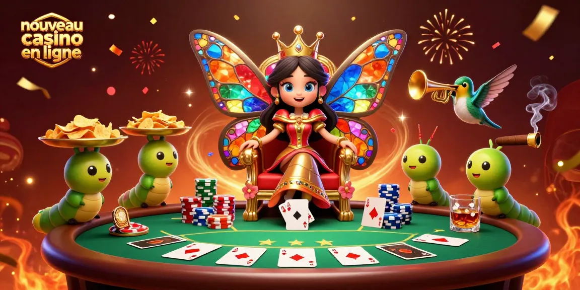 Illustration dynamique sur le nouveau casino en ligne avec une reine papillon et des éléments de poker colorés.