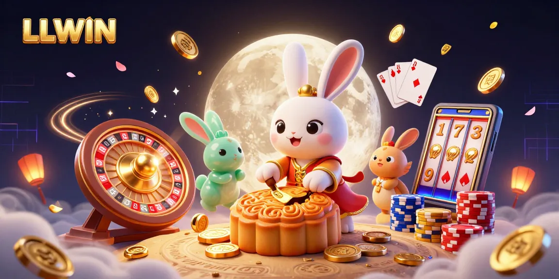 LLWIN showcases an exciting casino scene with a moon rabbit, poker chips, and dynamic gaming elements.
