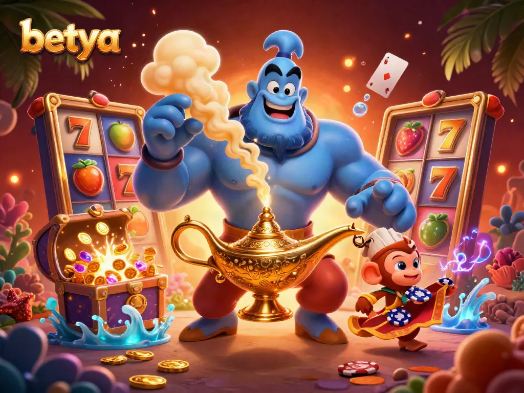 Spin and win at Betya with vibrant slot symbols, golden coins, and magical casino elements.