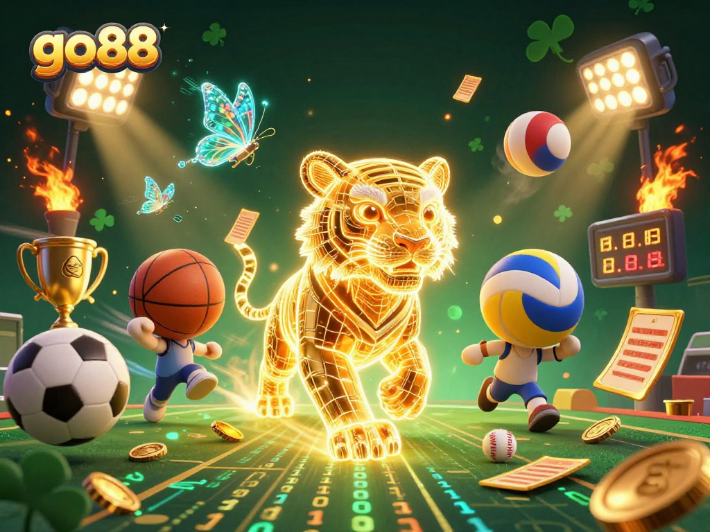 Experience the excitement of go88 with vibrant gaming scenes featuring sports elements and a golden tiger.