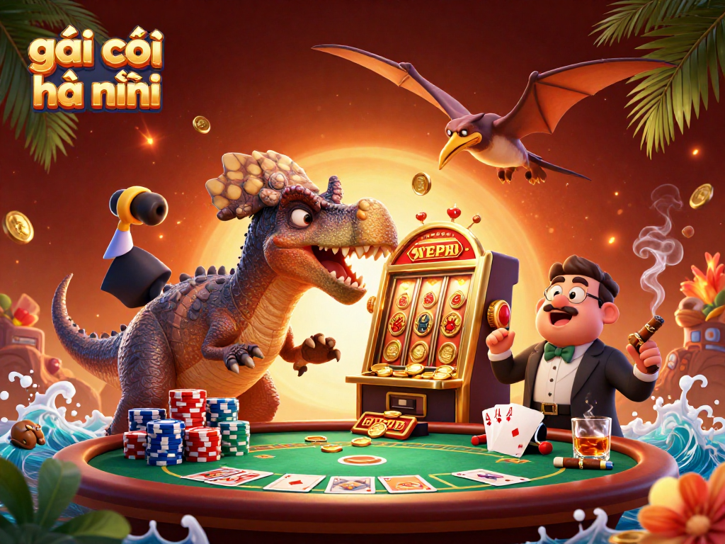 Engaging 3D scene of a dinosaur winning at casino slots, illustrating gái gọi hà nội in a fun way.