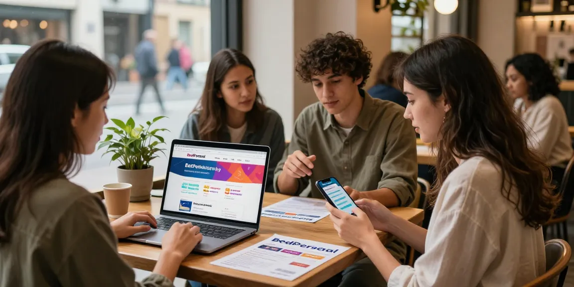Engaged users exploring BedPersonal for local classifieds in a vibrant café scene.