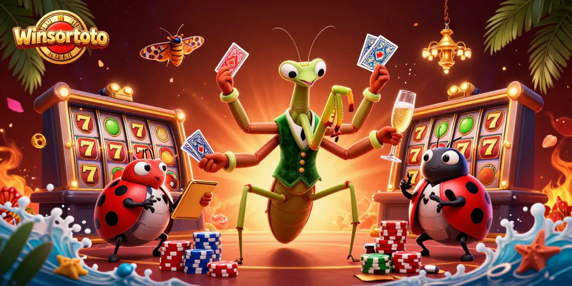 Memenangkan jackpot di winsortoto dengan ilustrasi kasino yang menggembirakan dan karakter penuh warna.