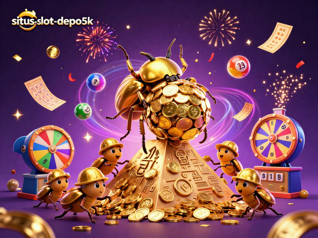 Experience the excitement of situs-slot-depo5k with golden beetles rolling coins and dynamic gaming elements.