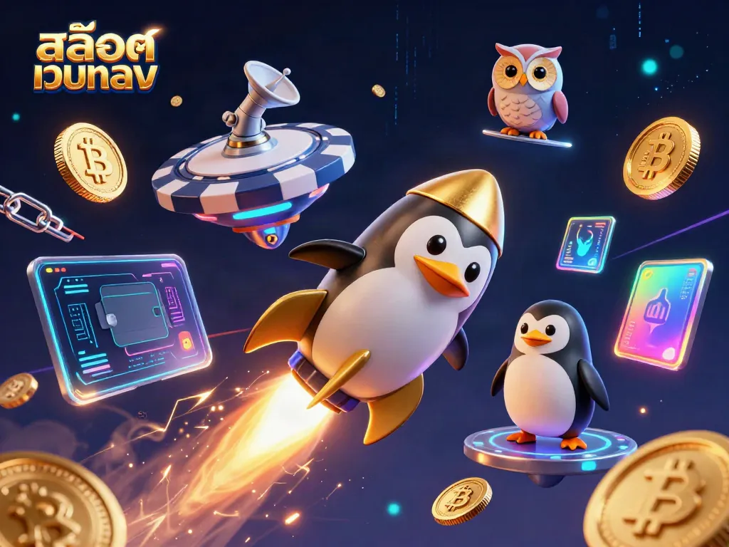 Experience the excitement of สล็อตเว็บตรง with a dynamic casino-themed 3D illustration featuring a golden penguin.