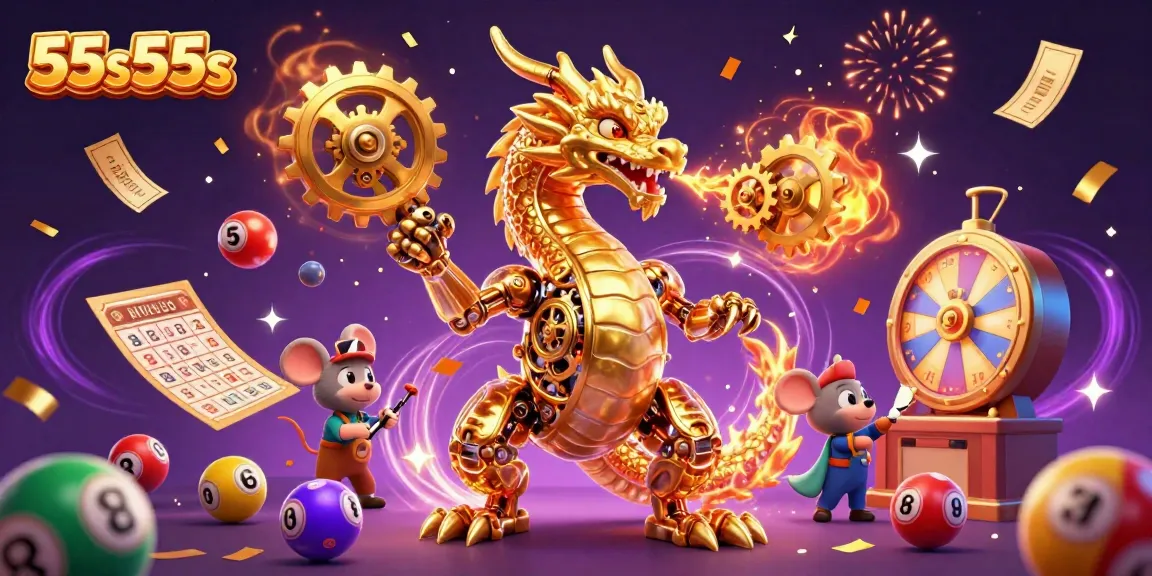 Engage with the exciting world of 55s55s as the golden dragon breathes gears amidst a vibrant casino scene.
