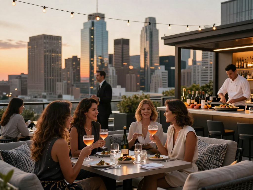 Suasana mewah LUXURY111 di teras rooftop dengan pemandangan kota saat matahari terbenam, orang-orang berbusana elegan menikmati koktail dan makanan gourmet.