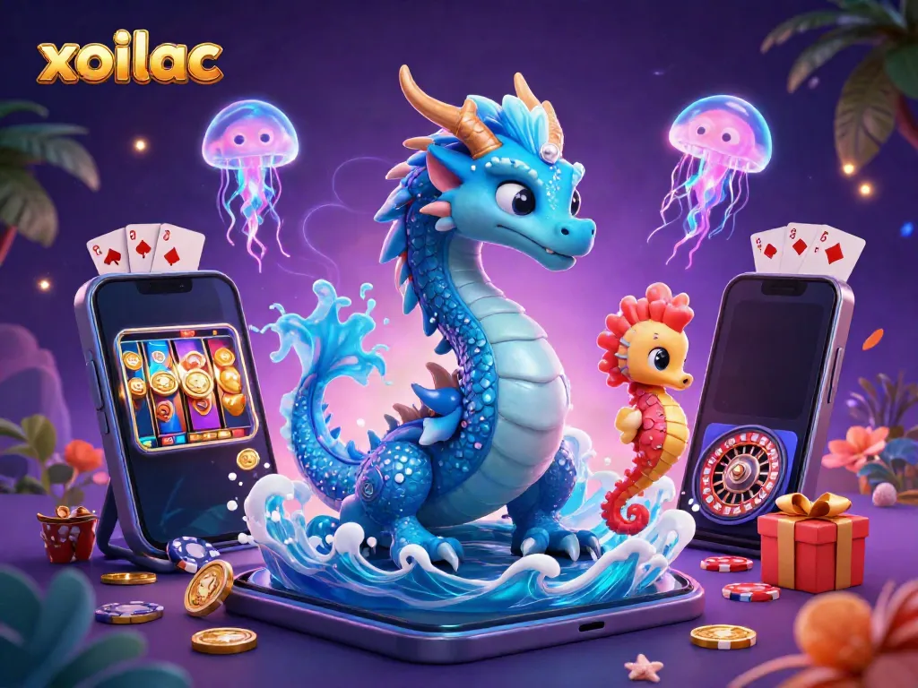Engage with xoilac's rich visual narrative of underwater gambling adventure, showcasing dragon, knight, and jellyfish.