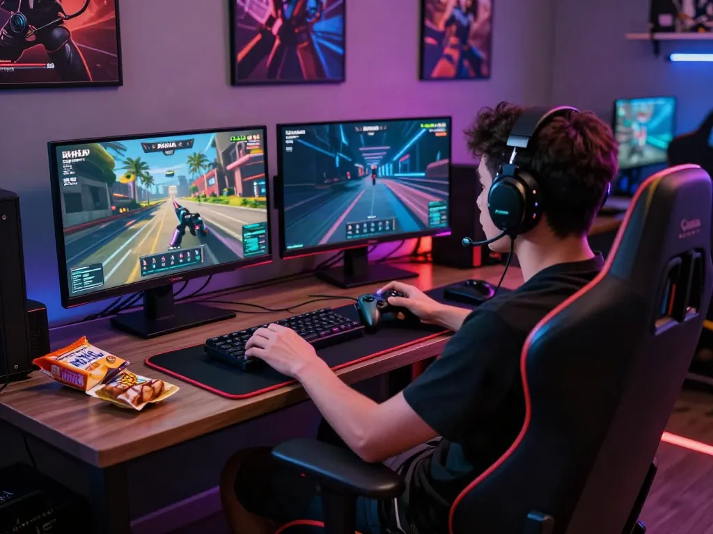 AHHA 4D gaming scene with player engaged in vibrant online action