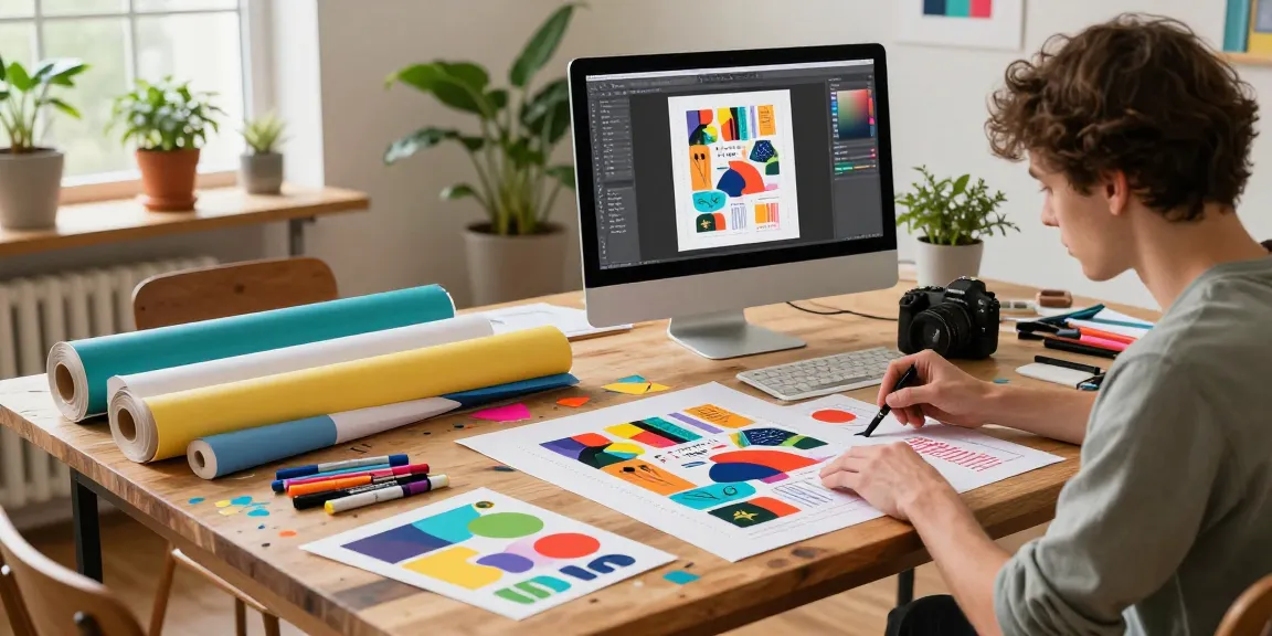 Graphic designer using poster making machines and colorful materials in a bright workshop.