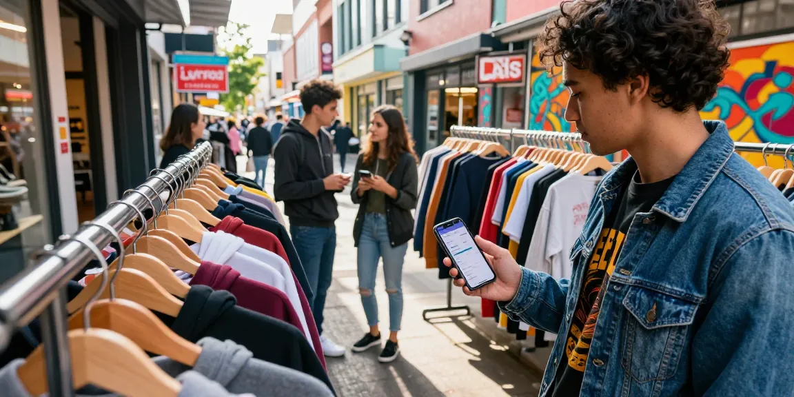 Mulebuy spreadsheet app in use by shopper comparing prices in trendy clothing store, showcasing upbeat urban shopping experience.