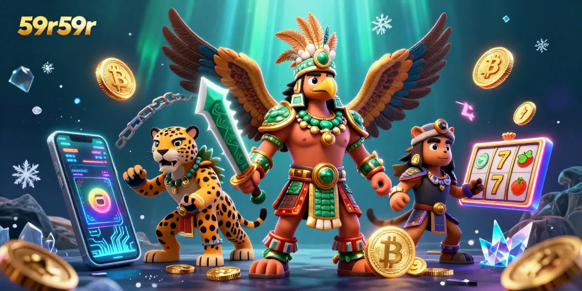 Ilustração 3D vibrante com guerrilheiro azteca e elementos de jogo digitais 59r59r
