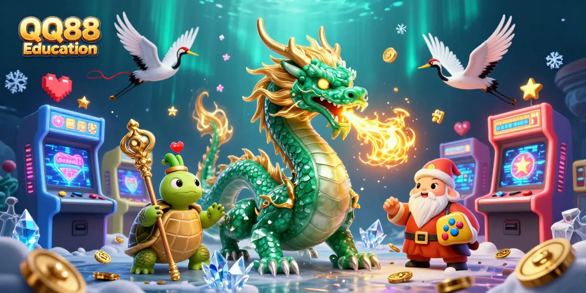 Engage your skills at QQ88 Education's casino games with a vibrant dragon and dynamic gaming elements.