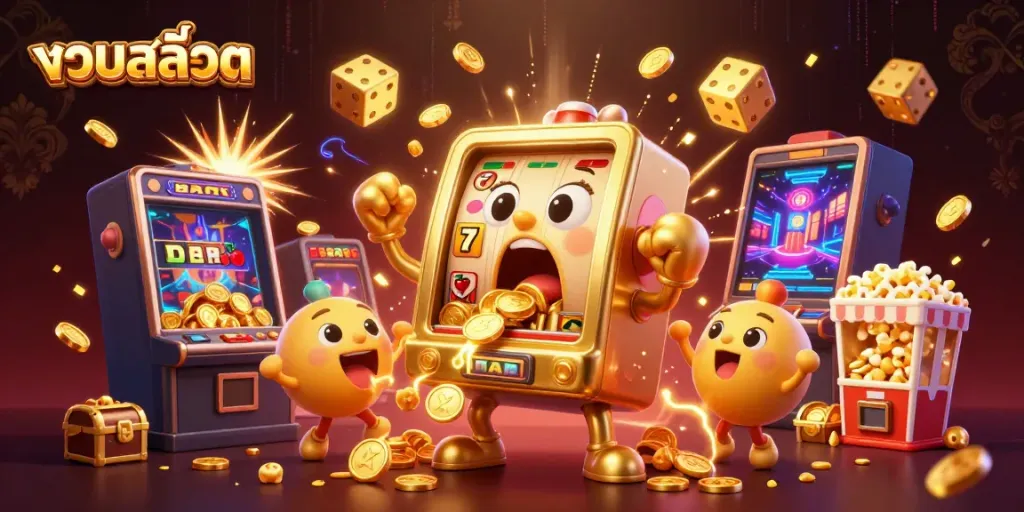Experience a thrilling moment with รวมสล็อต as a golden slot machine hits a jackpot, surrounded by colorful casino elements.