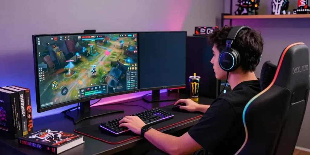 Online gaming enthusiast engaged with plustoto4dbigwin interface, surrounded by gaming gear and vibrant lighting.
