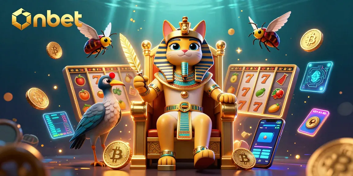 Engage with the vibrant slot games at onbet featuring Egyptian-themed characters, crypto elements, and dazzling backgrounds.