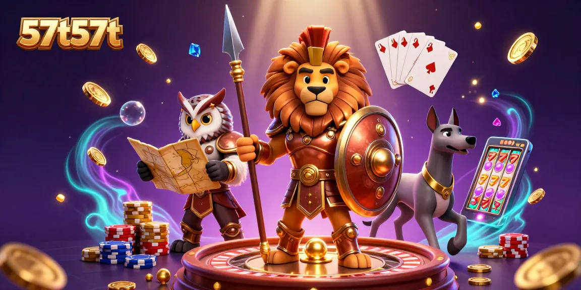 Engage with 57t57t's thrilling casino adventure featuring iconic characters amidst shining coins and vibrant games.