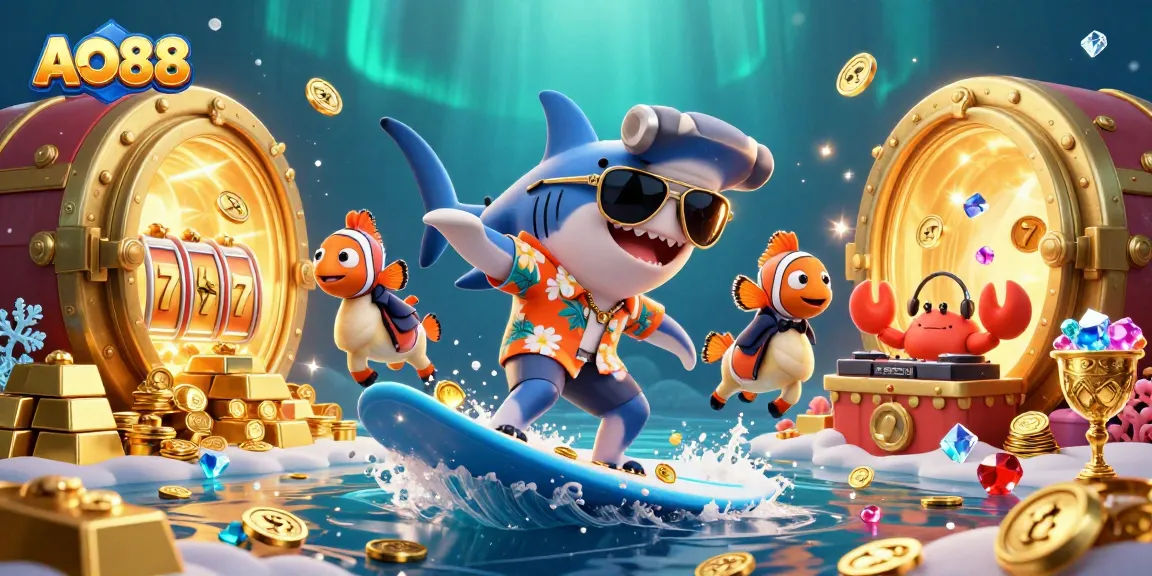 Engaging AO88 illustration showcasing a shark surfing coins with vibrant casino elements.