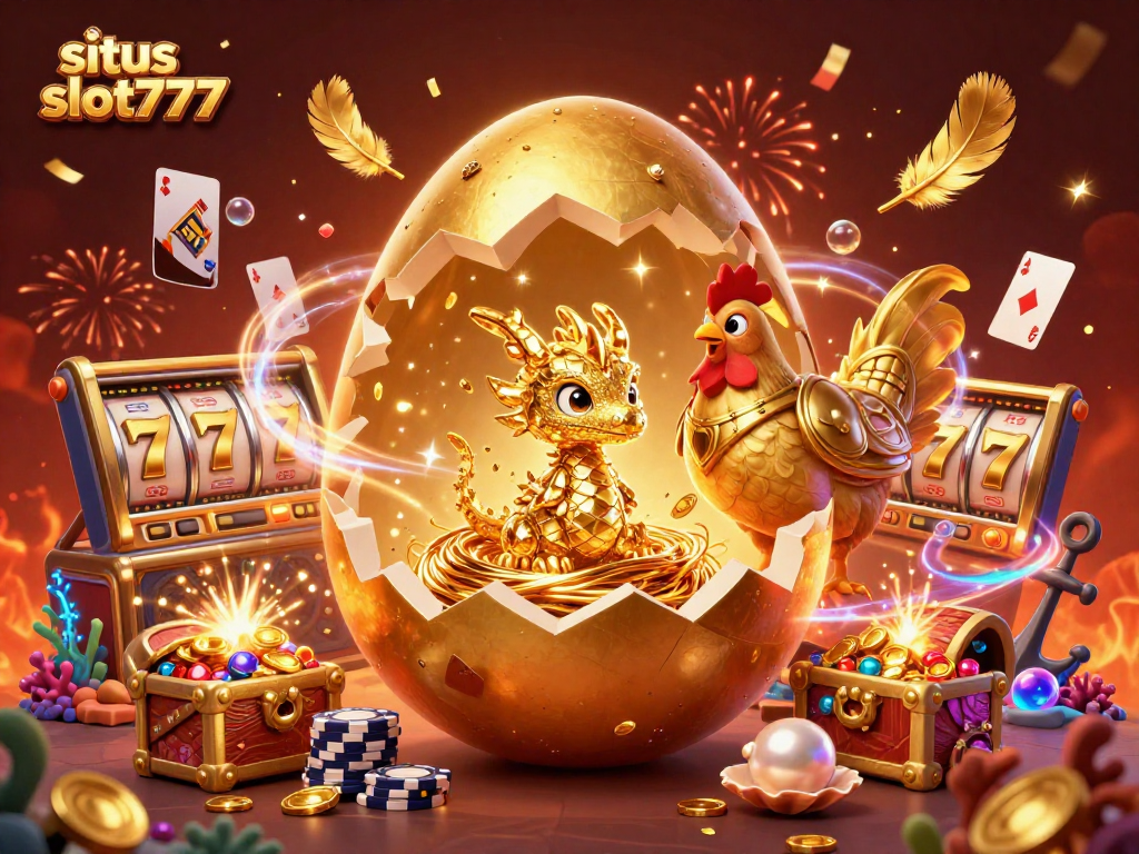 Experience situs slot777 with a vibrant scene featuring a golden dragon and dynamic slot reels.