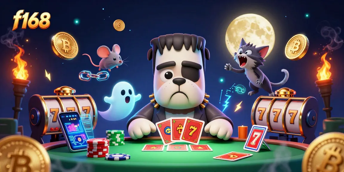 Engage in thrilling gaming at f168 with a Frankenstein bulldog dealer at an enchanting casino table.