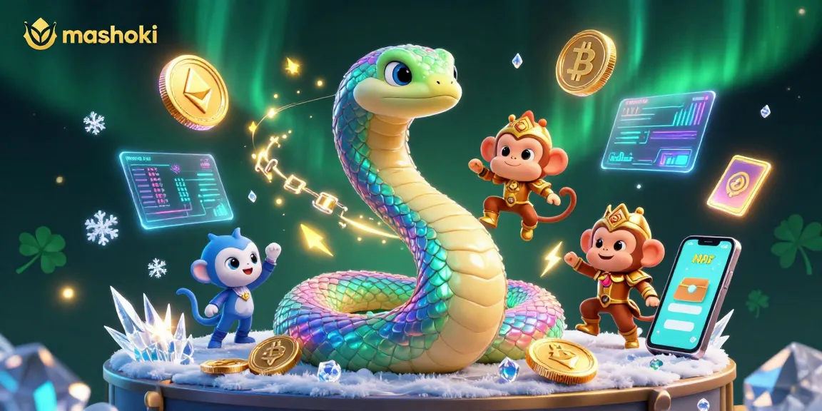 Experience the thrill of mashoki gaming with vibrant 3D characters and crypto-themed elements in an immersive casino environment.